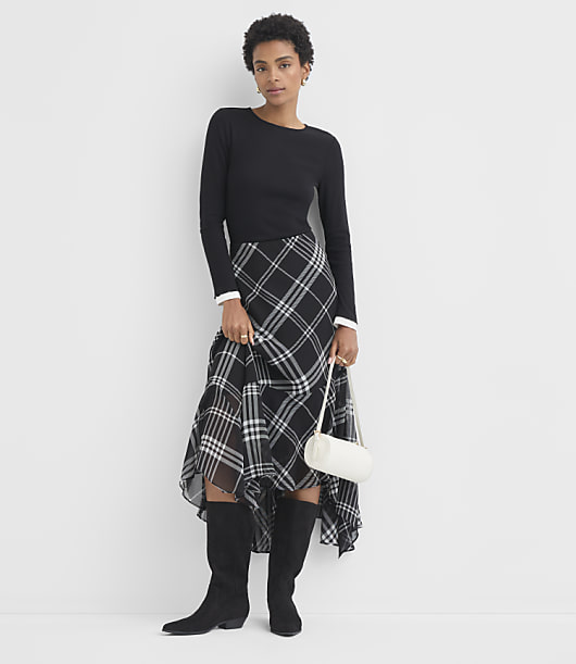 Plaid Scarf Hem Midi Skirt