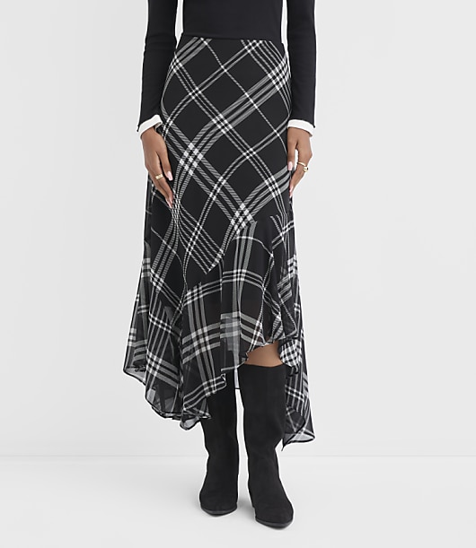 Plaid Scarf Hem Midi Skirt