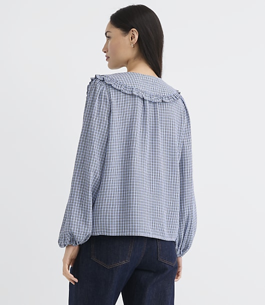 Plaid Ruffle Collar Shirred Henley Blouse