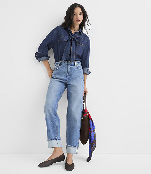 Chambray Tie Neck Shirt in Refined Dark Indigo Wash