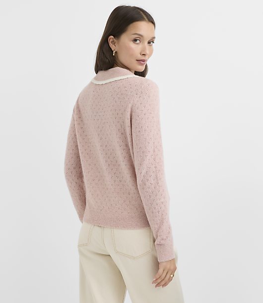 Petite Pointelle Sailor Collar Cardigan - Pink Marble