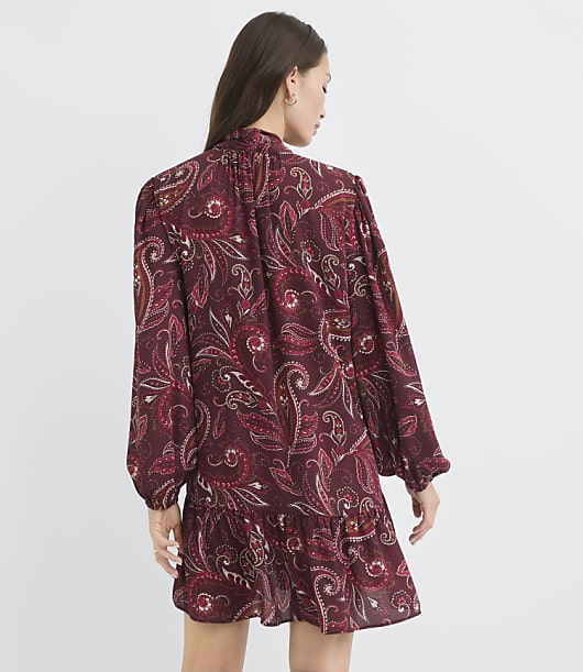 Petite Paisley Tie Neck Mini Flounce Dress
