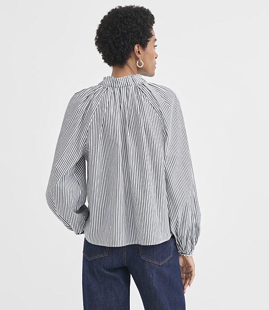 Petite Stripe Poplin Pleated Ruffle Split Neck Blouse