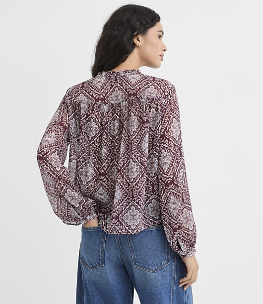 Medallion Shirred Ruffle Tie Neck Blouse
