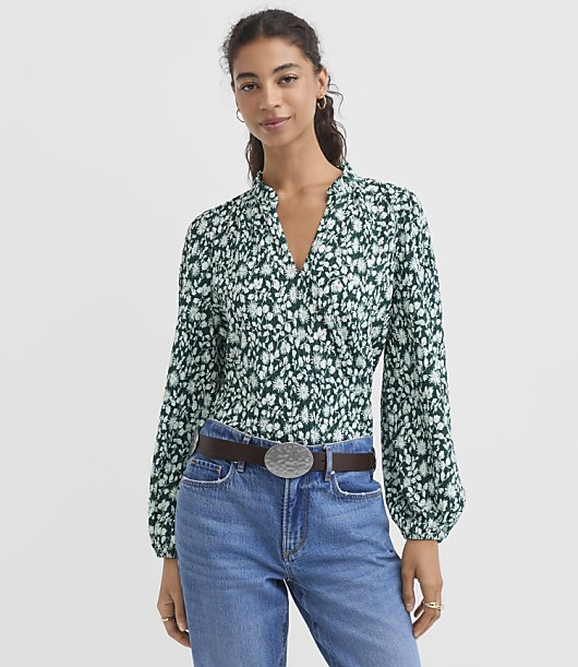 Petite Garden Ruffle Split Neck Knit Blouse