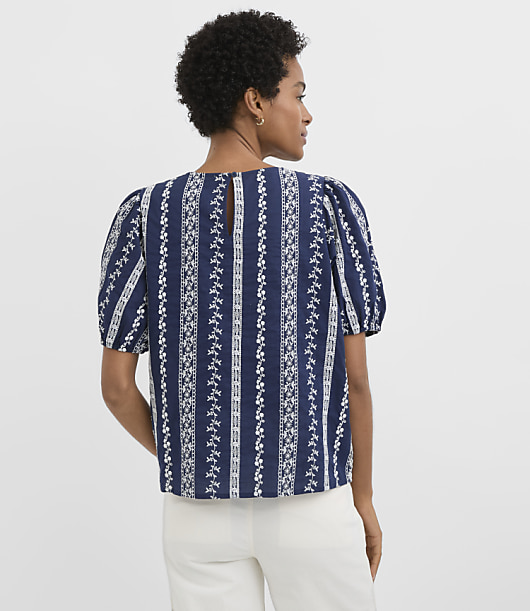 Eyelet Striped Puff Sleeve Top