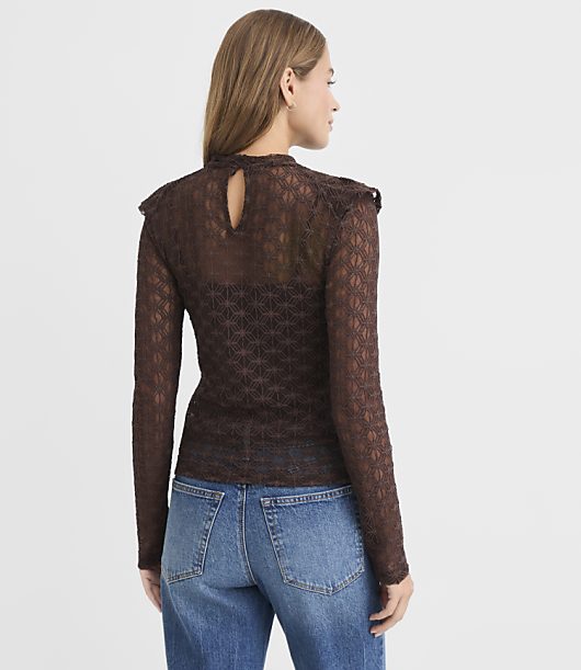Lace Ruffle Yoke Mock Neck Top