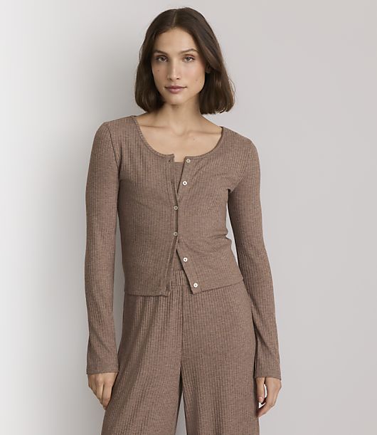 Petite Lou & Grey Heathered Brushed Ribbed Cardigan Pajama Top