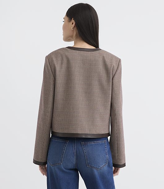 Tall Faux Leather Trim Houndstooth Collarless Jacket