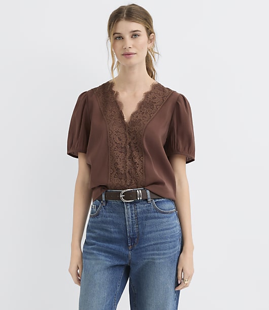 Loft Petite Floral Lace Trim Button Blouse