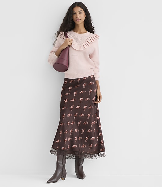 Floral Lace Trim Satin Bias Maxi Skirt