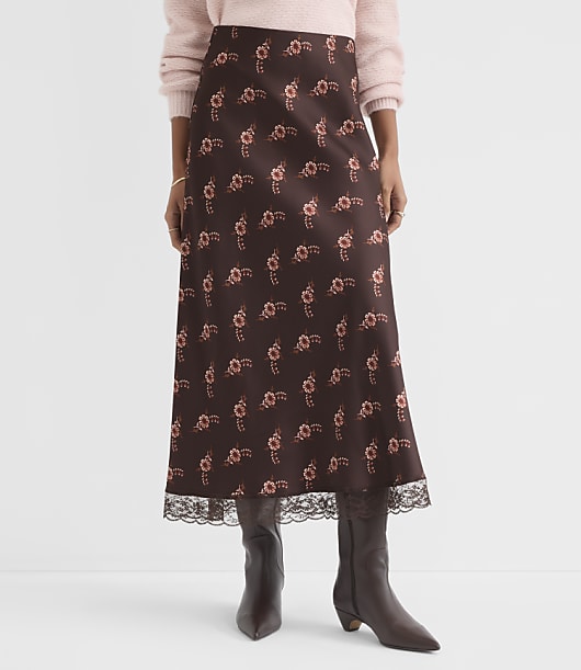 Floral Lace Trim Satin Bias Maxi Skirt