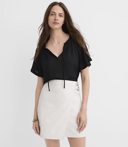 Loft Petite Ruffle Tie Neck Mixed Media Blouse
