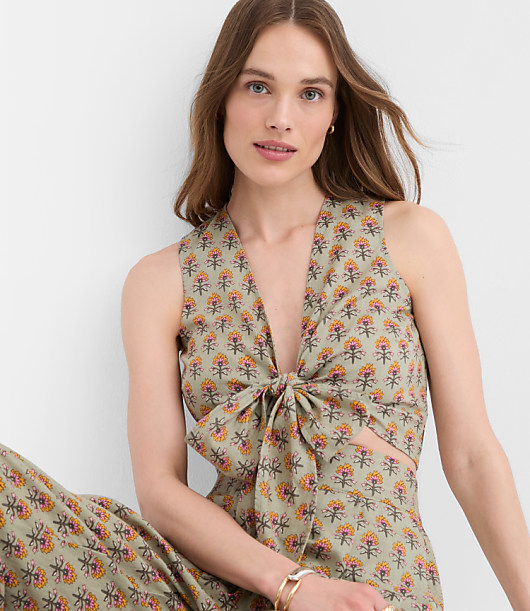 Petite LOFT Beach Garden Linen Cotton Tie Front Top