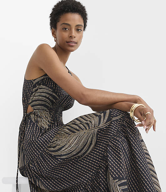 Petite Palm Tie Cutout Midi Pocket Dress