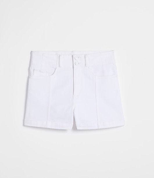 Rivete Petite Curvy Double Shank High Rise Denim Shorts in White