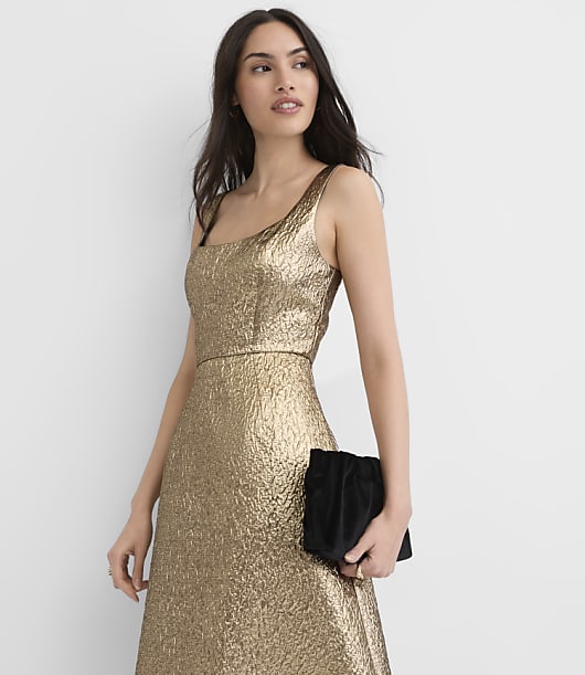 Metallic Brocade Corset Seamed Midi Pocket Dress