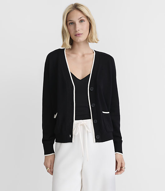 Tipped Saddle Sleeve V-Neck Pocket Cardigan