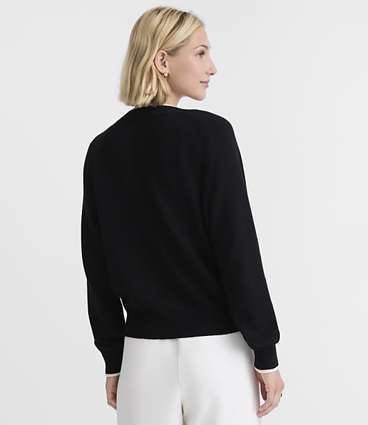 Tipped Saddle Sleeve V-Neck Pocket Cardigan