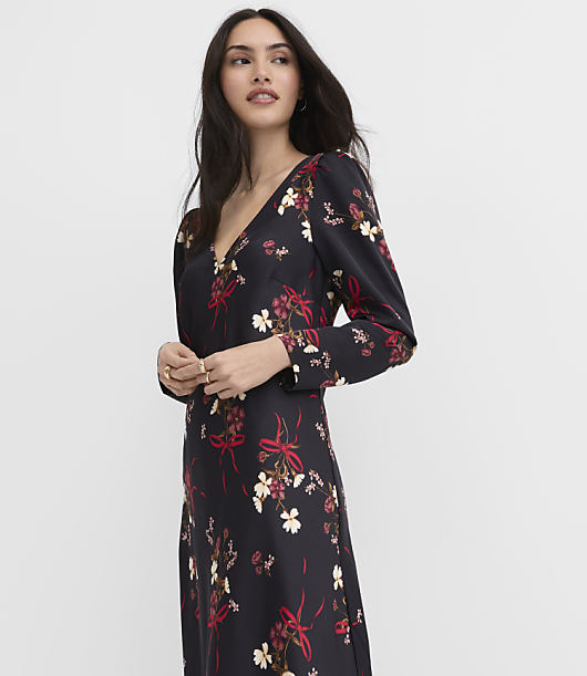 Bouquet Satin V-Neck Bias Midi Dress
