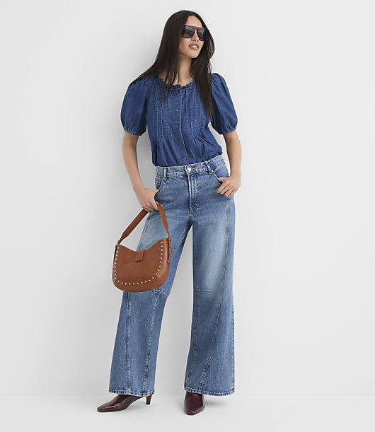 Chambray Pintucked Puff Sleeve Blouse