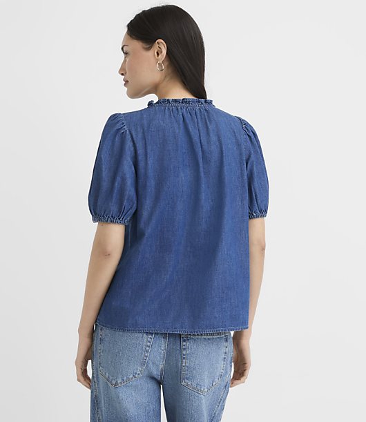 Chambray Pintucked Puff Sleeve Blouse