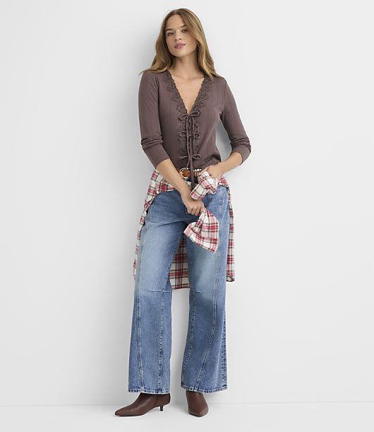 Lace Trim Pointelle Bow Top