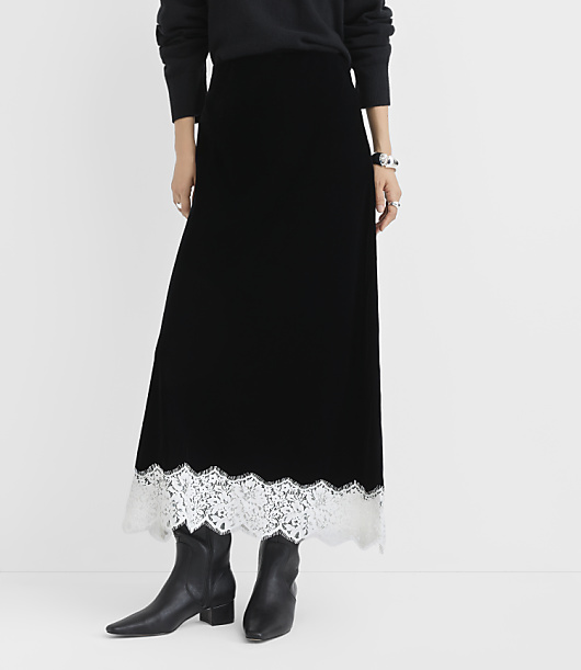Petite Lace Trim Velvet Bias Maxi Skirt