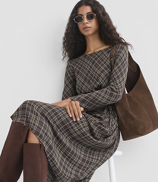 Plaid Side Pleated Midi Dress