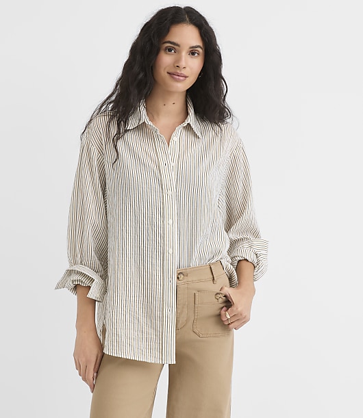 women's petite dress shirts Button Front Tie-Sleeve Shirt For heights 54 and below Lands' End Women's Petite Oxford