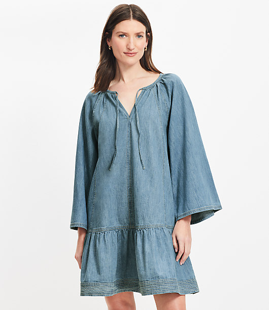loft long sleeve denim dress Entro Denim Dress W/Slit Sleeves & Cinch Waist With Tie Back M