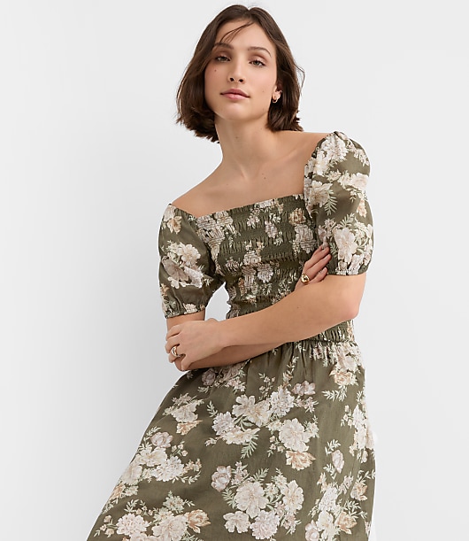 green loft dress Short Sleeve Suede fits and flatters waist Petite Floral Smocked Puff Sleeve
