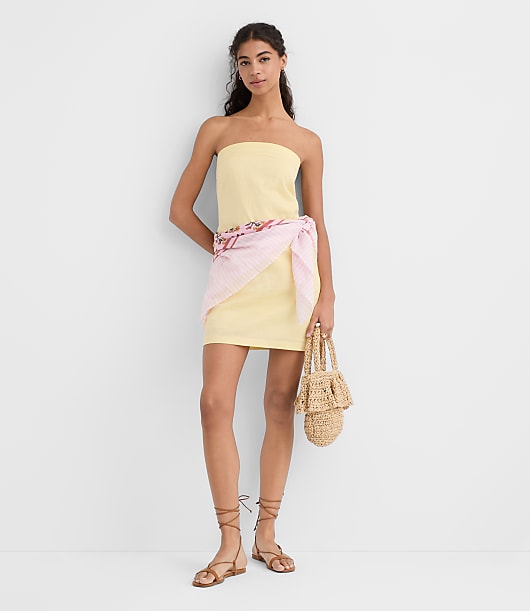 loft yellow dress Women's Floral Linen Shift Sand/Yellow Size 6 Side zip LOFT Beach Linen Cotton Strapless