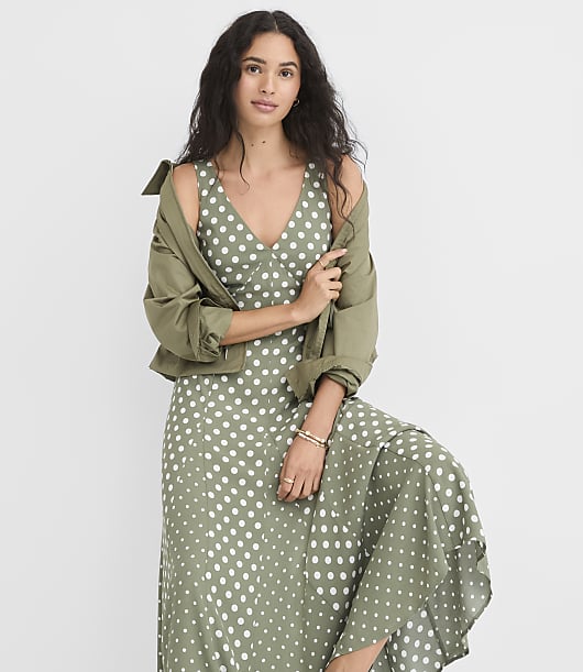 green loft dress Sage Cotton Empire Waist 40 from center back neck to hem Ann Taylor Loft size 4