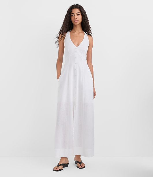 Loft Linen Cotton Midi Pocket Halter Dress Size 0 White Women's