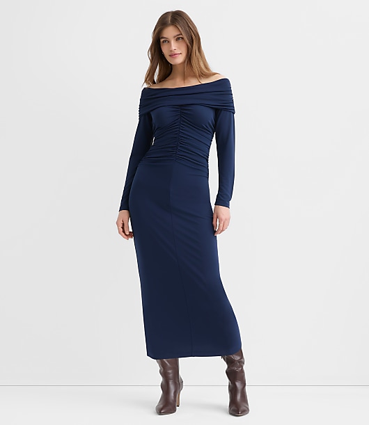 off the shoulder ruched dress Delphine White Off-Shoulder Maxi this dress features chic ruched detailing that flatters your figure while ensuring a snug fit Made to Shine Yellow Off
