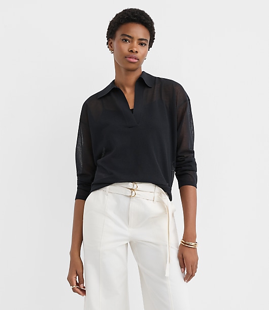 Sheer Collared Split Neck Sweater