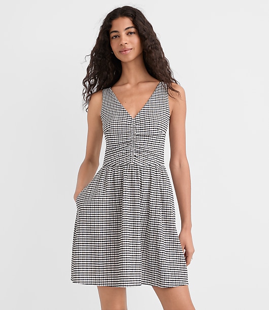 lou & grey gingham jacquard halter mini pocket dress Ruched Mint Green